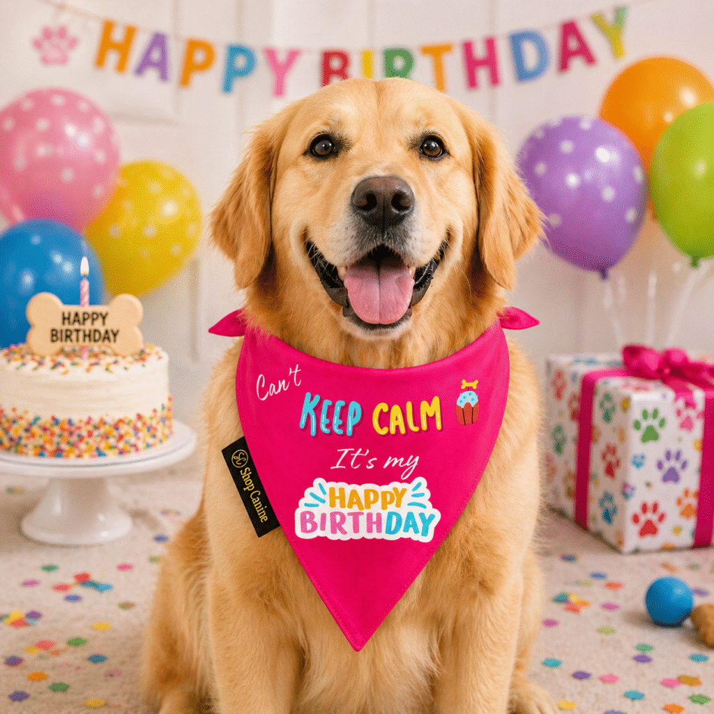 QuirkyHappy Birthday Wrinkle Free Bandana Scarf for All Breeds (L, Satin Crepe)