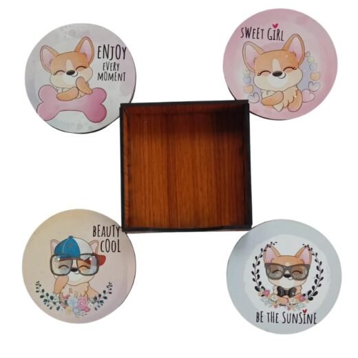 Wooden Tea Coasters Set of 4 I Cat Themed Office-Home-Gift I Desktop Item (Round)