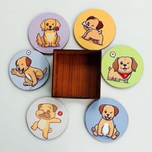 Wooden Tea Coasters Set of 6 I Dog Themed Office-Home-Gift I Desktop Item (Round)