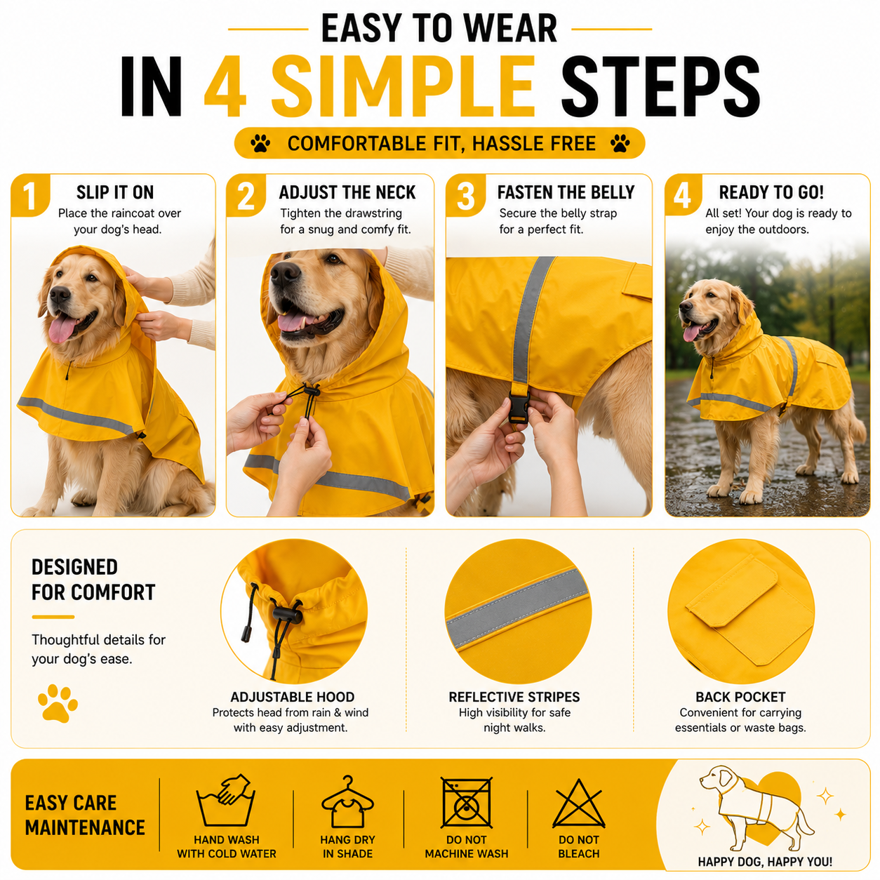 Dog Raincoat – Waterproof Rain Jacket for Dogs | Sizes 18, 20, 22, 24, 26, 28 | Hooded & Reflective for All Breeds (18) (Yellow, 20) - Image 4