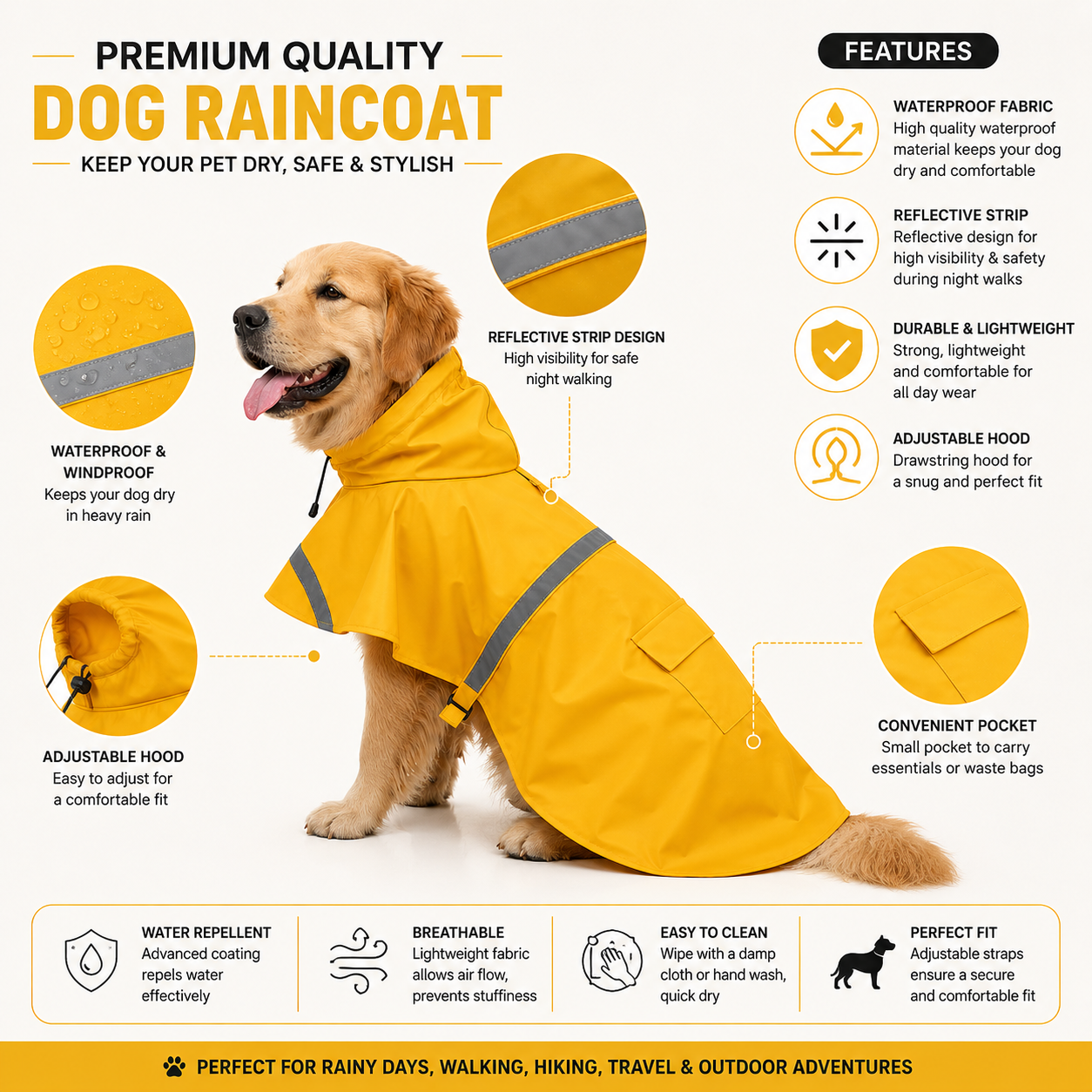 Dog Raincoat – Waterproof Rain Jacket for Dogs | Sizes 18, 20, 22, 24, 26, 28 | Hooded & Reflective for All Breeds (18) (Yellow, 20) - Image 3