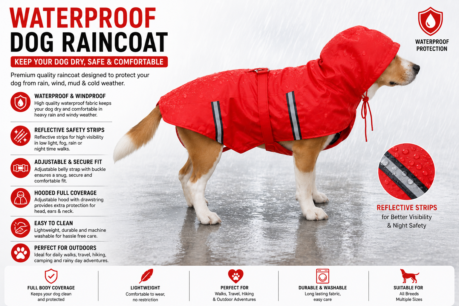 Dog Raincoat Red – Waterproof Rain Jacket for Dogs | Sizes 18, 20, 22, 24, 26, 28 | Hooded & Reflective for All Breeds (Red, 22) (RED, 24) - Image 7
