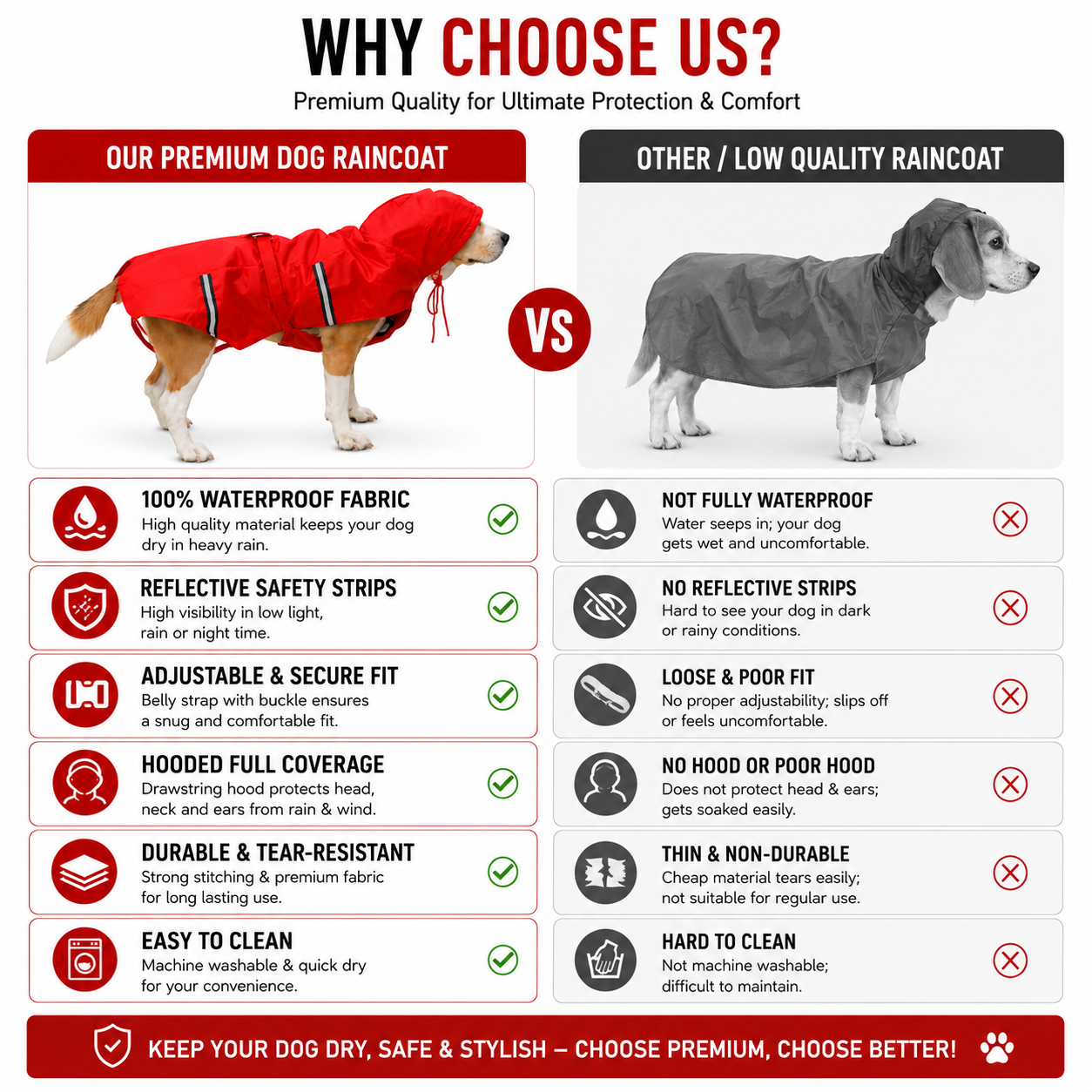 Dog Raincoat Red – Waterproof Rain Jacket for Dogs | Sizes 18, 20, 22, 24, 26, 28 | Hooded & Reflective for All Breeds (Red, 22) (RED, 24) - Image 4