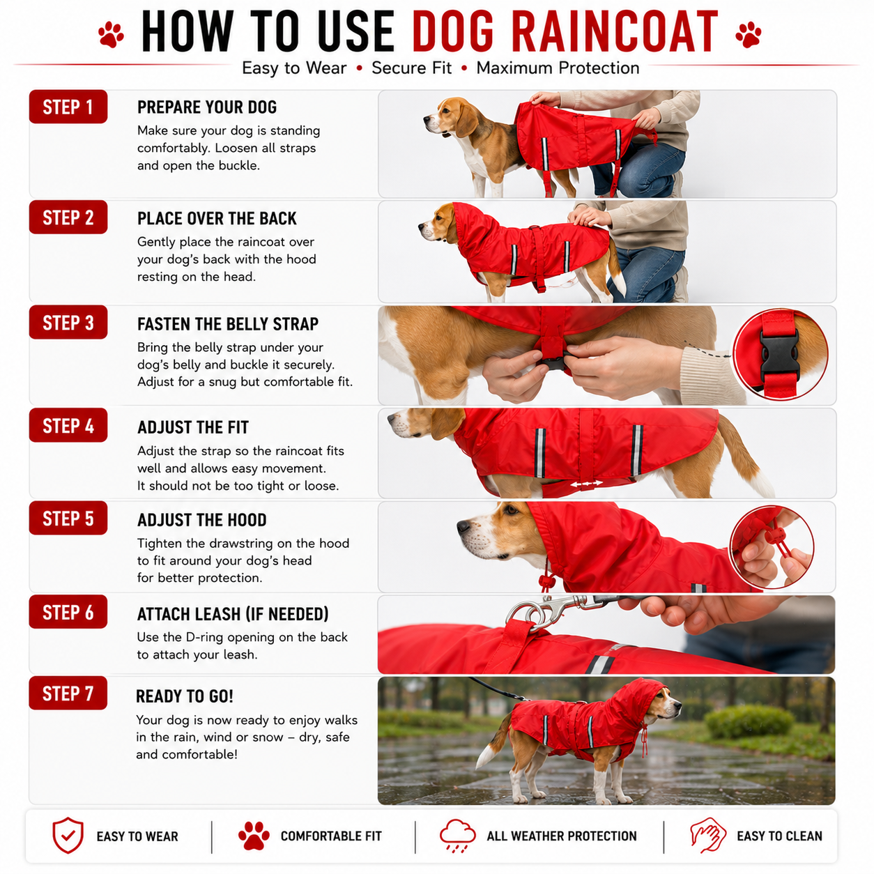 Dog Raincoat Red – Waterproof Rain Jacket for Dogs | Sizes 18, 20, 22, 24, 26, 28 | Hooded & Reflective for All Breeds (Red, 22) (RED, 24) - Image 3