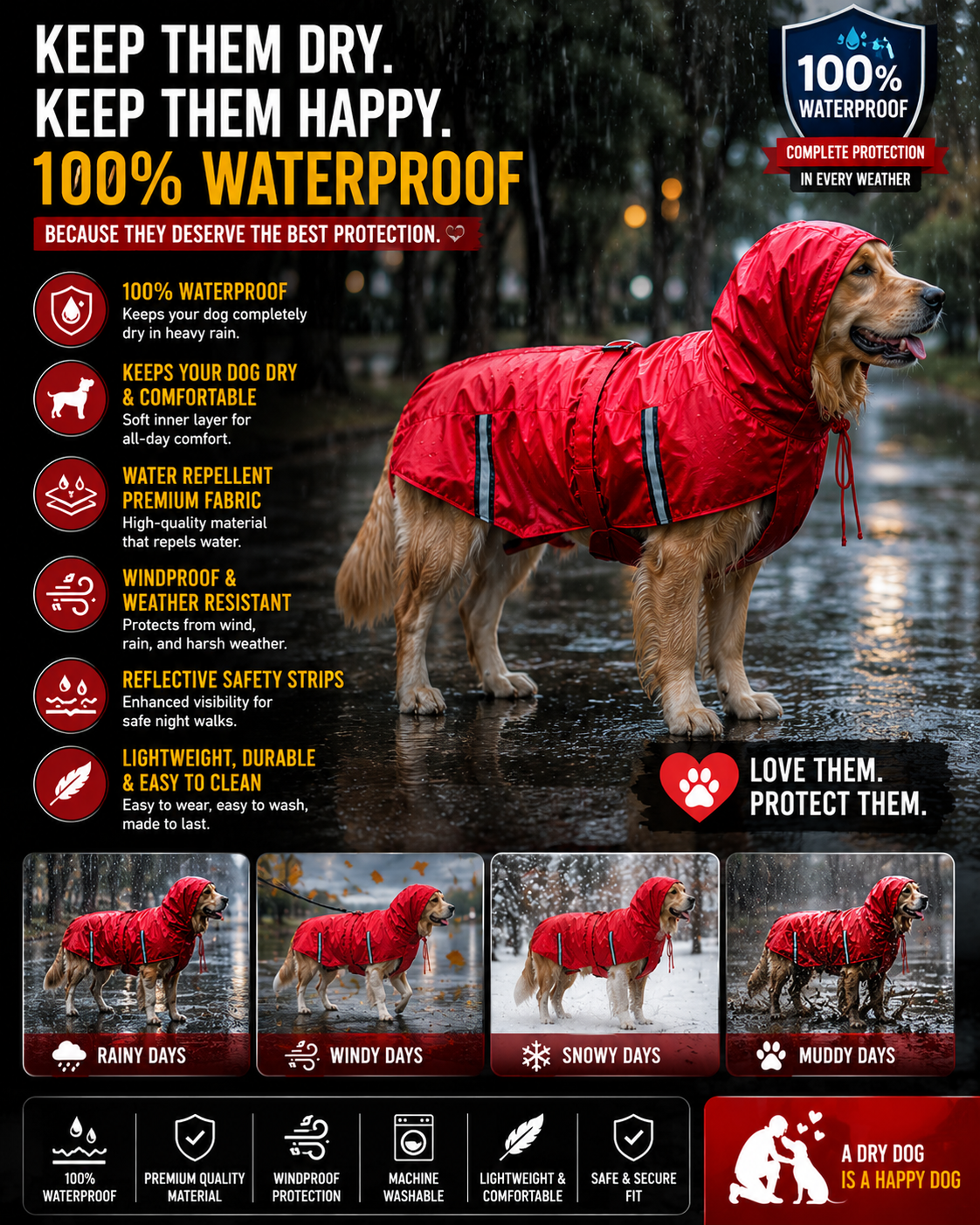 Dog Raincoat Red – Waterproof Rain Jacket for Dogs | Sizes 18, 20, 22, 24, 26, 28 | Hooded & Reflective for All Breeds (Red, 22) (RED, 24) - Image 10