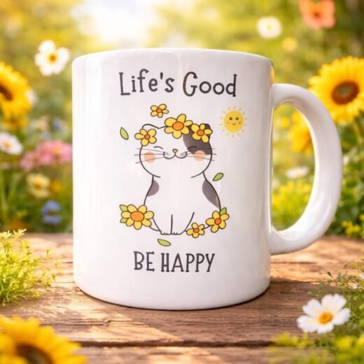 Cute Cat Coffee Mug 270ml Premium Ceramic Printed Cup | Life’s Good Be Happy Printed Cup | Cute Cat Design | Tea & Coffee Mug for Home & Office